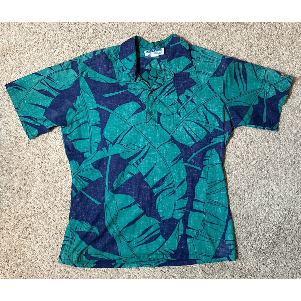 VTG 70’s Ocean Pacific OP Floral Hawaiian Shirt Size Large Vintage Blue Green